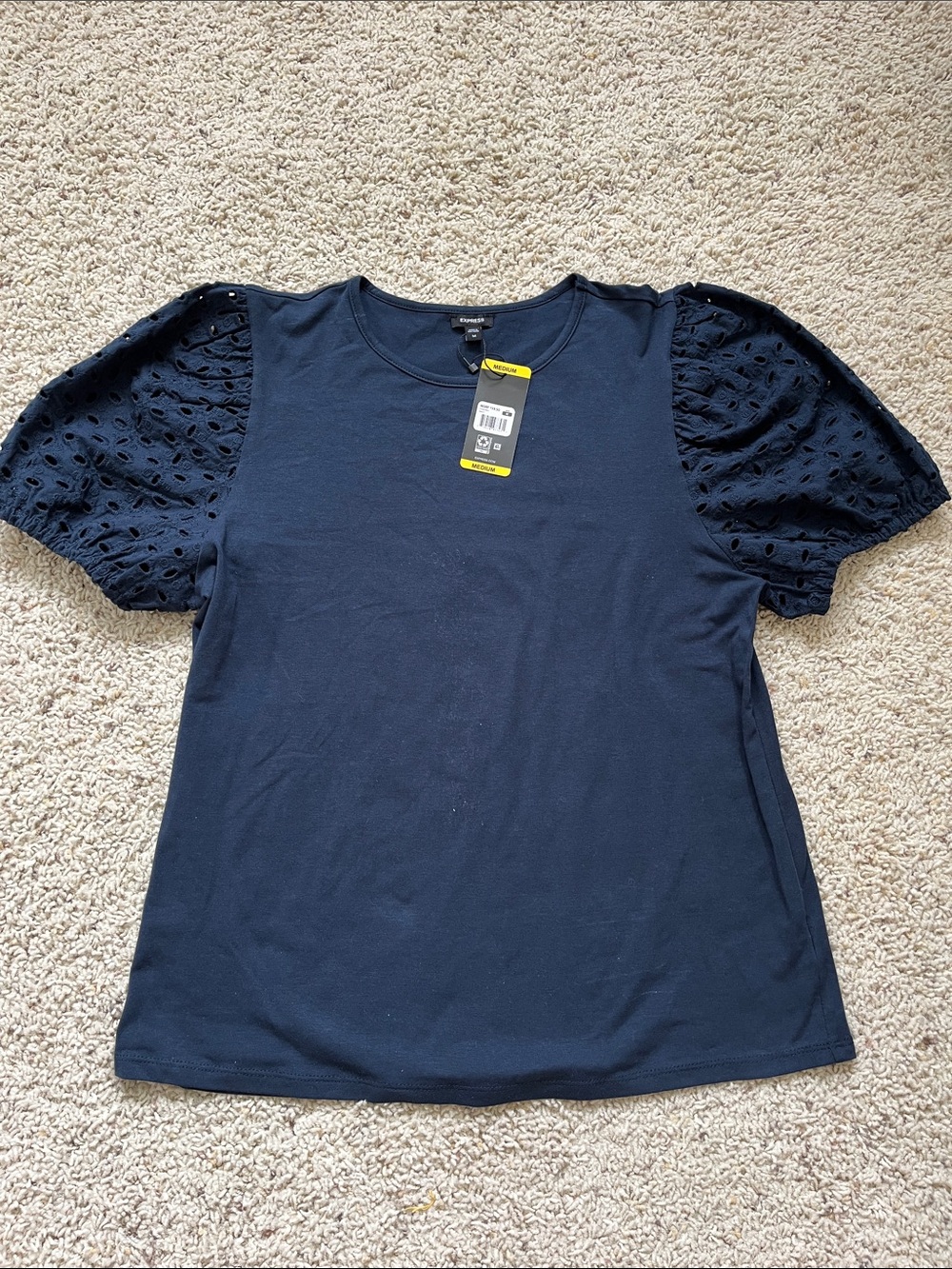 Express Navy Puff Sleeve Eyelet Tee